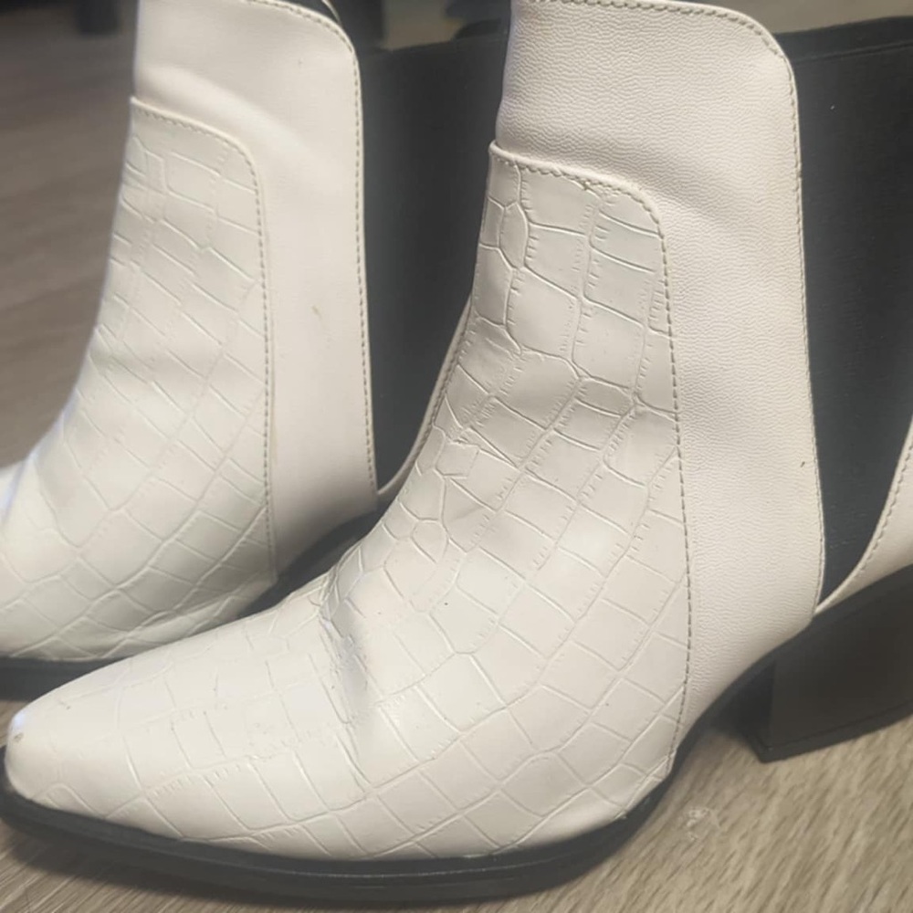 White Croc-Embossed Ankle Boots